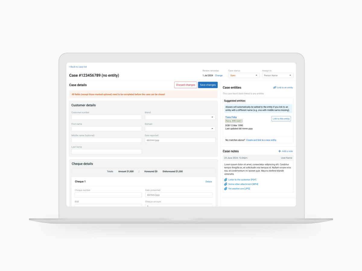 Fraud case management UI mockup